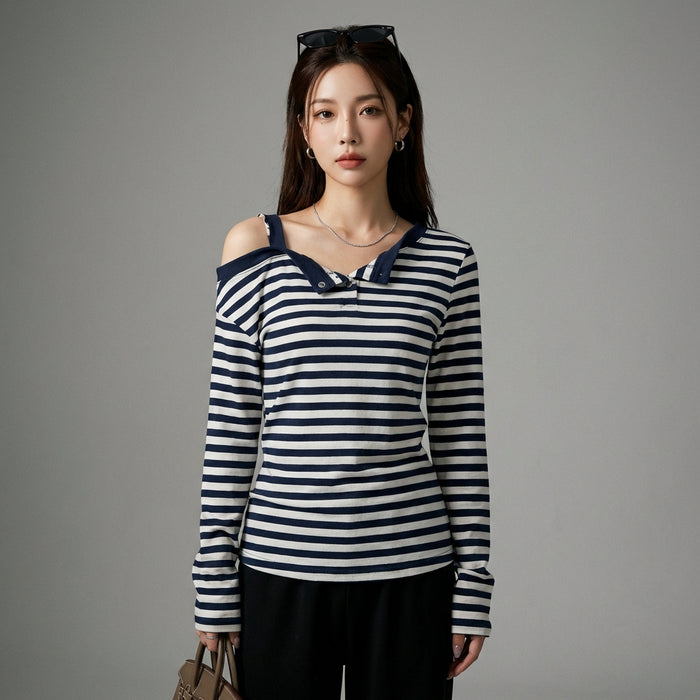 T-shirt asymétrique rayé bleu marine, style K-fashion moderne. Manches longues élégantes. - Taille S
