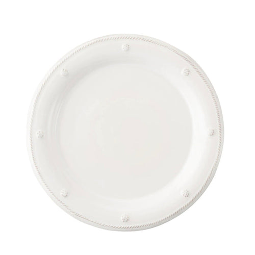 Whitewashed ceramic dinner plate with raised bead and dot detailing on rim.