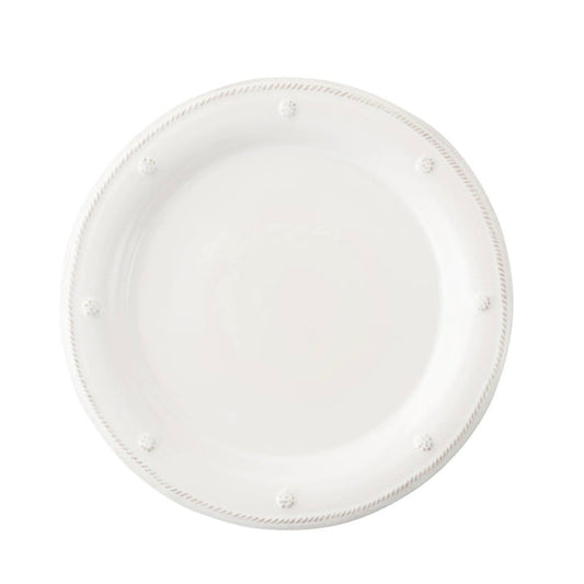 Whitewashed ceramic dinner plate with raised bead and dot detailing on rim.