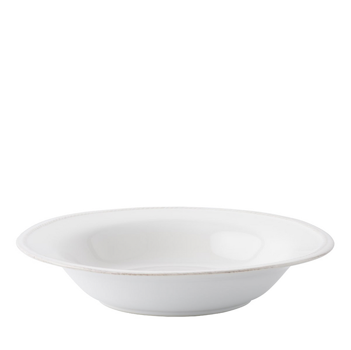 Whitewash rimmed soup bowl with rustic pale gray edge and smooth white interior.