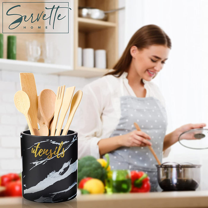 Black Marbelized Ceramic Utensil Holder