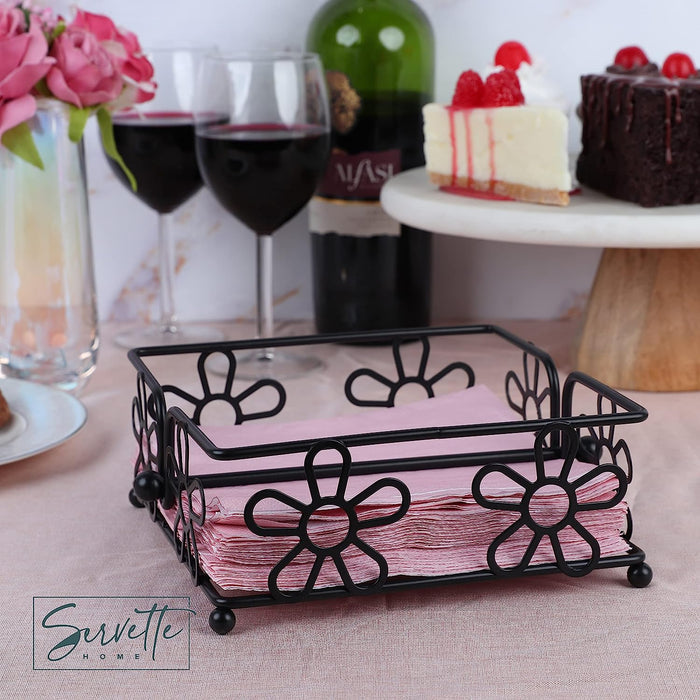Black Metal Wire Napkin Holder with Flower Design