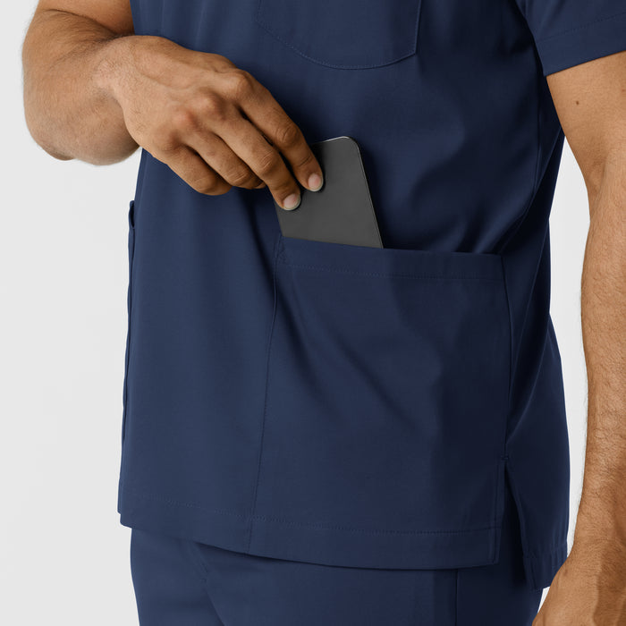Boundless Men's Multi Pocket V-Neck Scrub Top Navy hemline detail