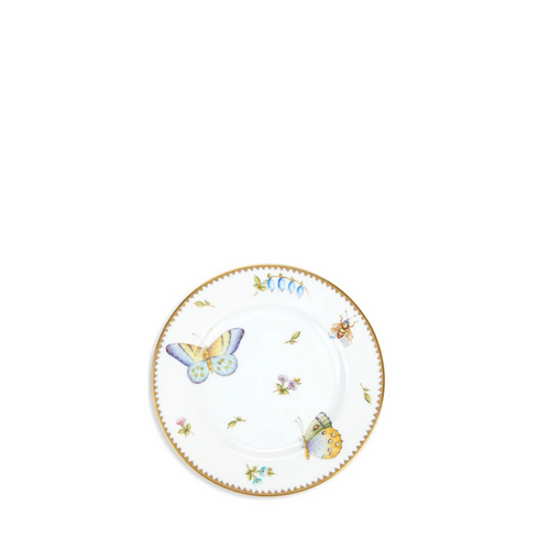 White ceramic plate with colorful butterfly and flower designs and a textured gold rim.
