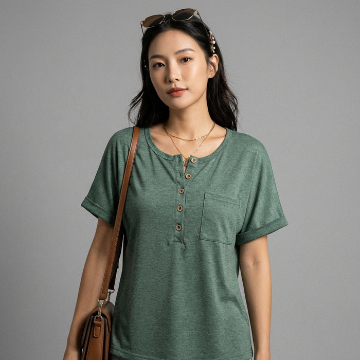 T-Shirt vert décontracté à manches courtes avec boutons et poches - K-fashion - Taille XL - Grande Taille