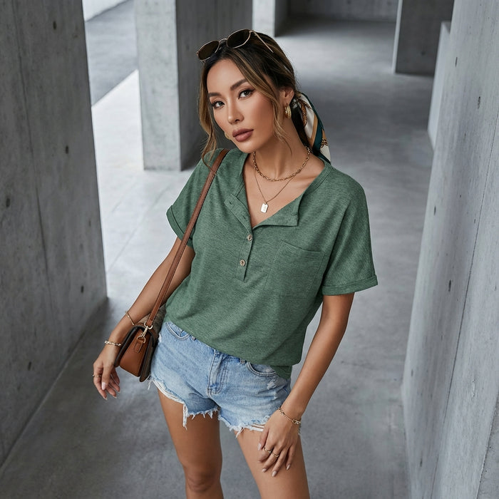 T-Shirt vert décontracté à manches courtes avec boutons et poches - K-fashion