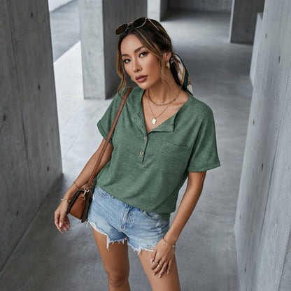 T-Shirt vert décontracté à manches courtes avec boutons et poches - K-fashion
