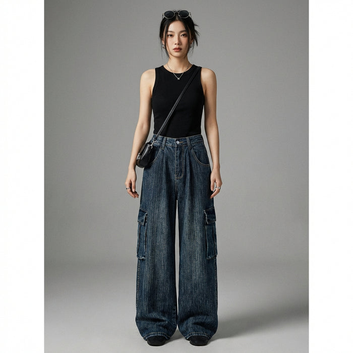 Jean droit multi-poches décontracté bleu denim unisex - Koreanxwear - Taille M