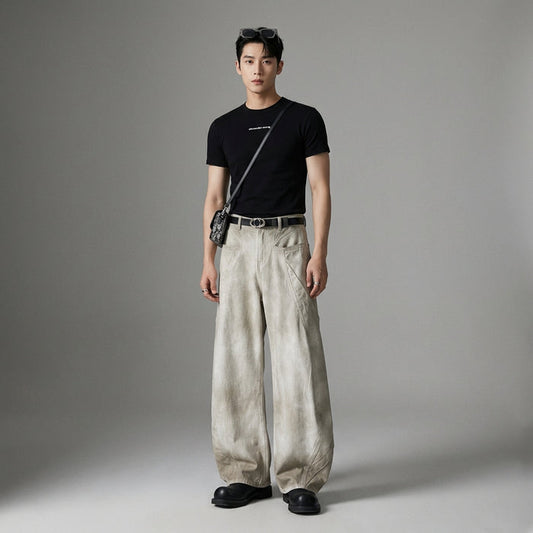Pantalon large denim décontracté Dirty White - Koreanxwear - Taille S