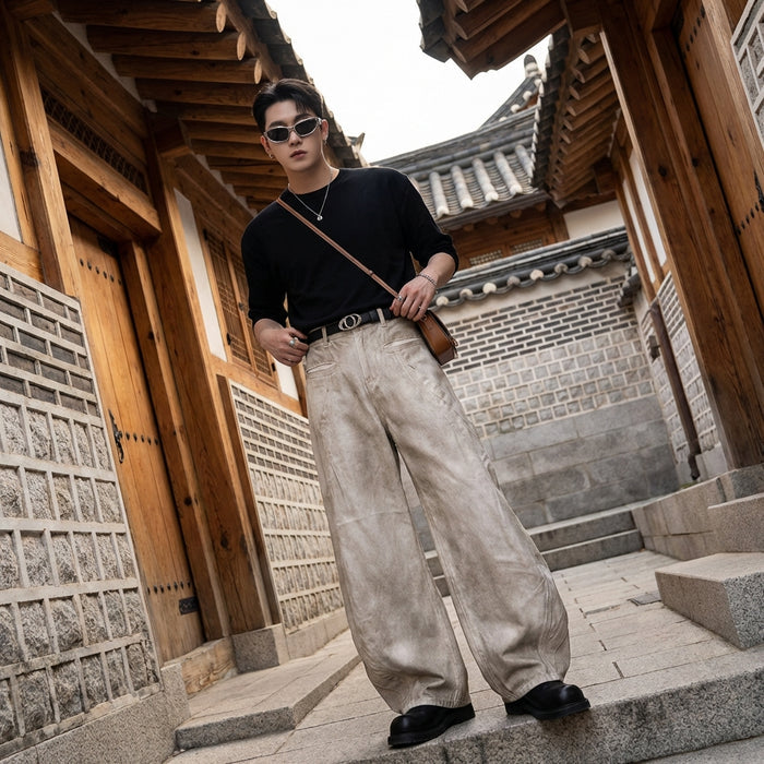 Pantalon large denim décontracté Dirty White - Koreanxwear