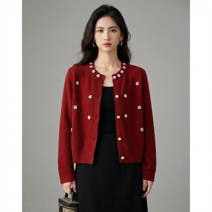 Cardigan bouclé tricoté rouge avec perles - Koreanxwear - Taille S