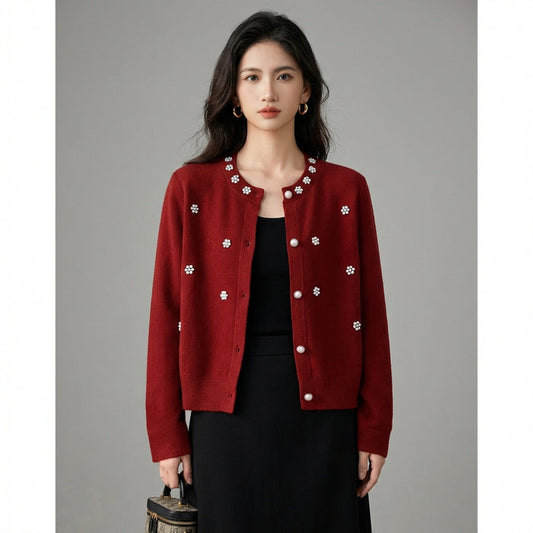 Cardigan bouclé tricoté rouge avec perles - Koreanxwear - Taille S