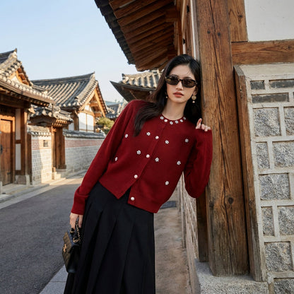 Cardigan bouclé tricoté rouge avec perles - Koreanxwear