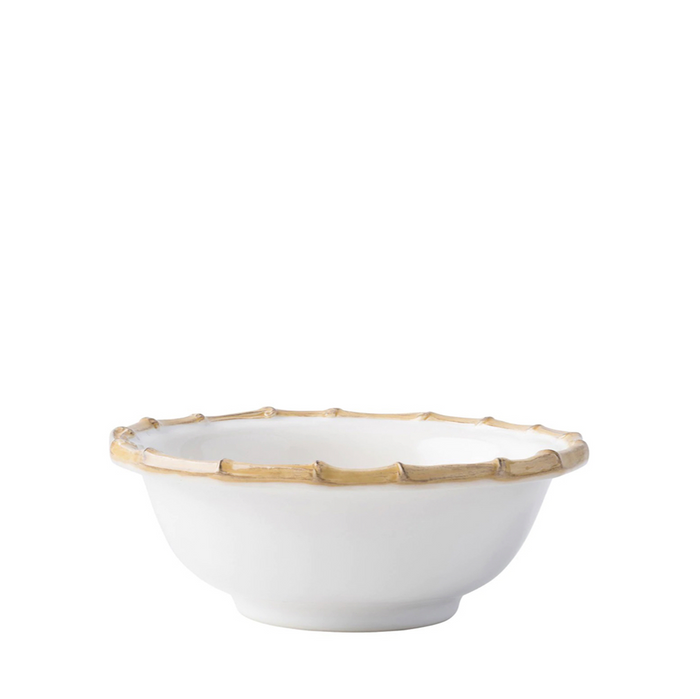 White cereal bowl with natural bamboo rim and smooth matte finish.