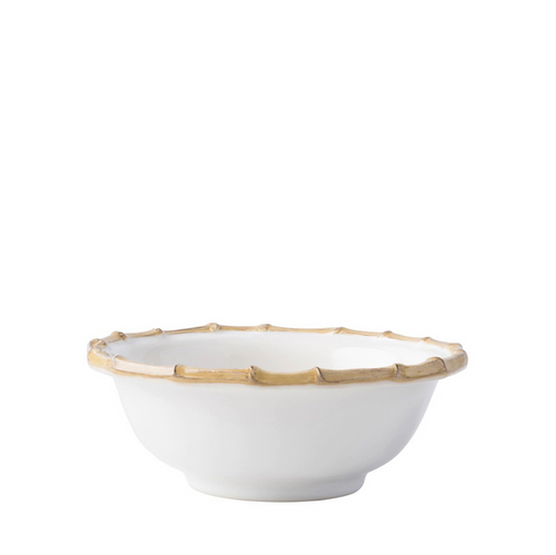 White cereal bowl with natural bamboo rim and smooth matte finish.