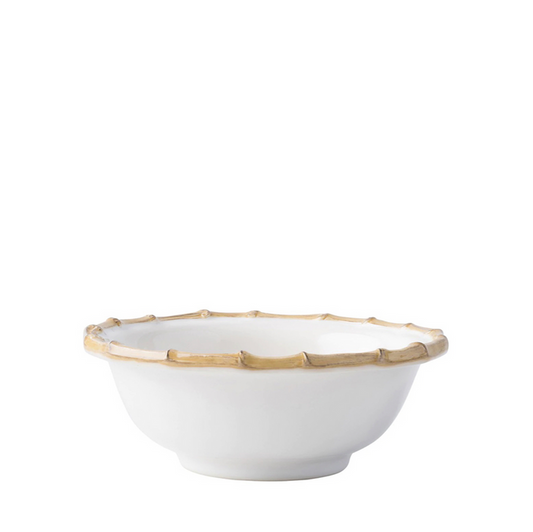 White cereal bowl with natural bamboo rim and smooth matte finish.