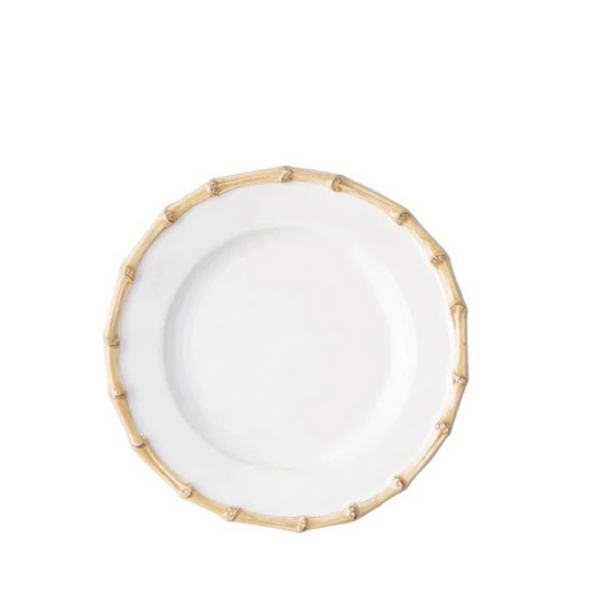 White ceramic cocktail plate with textured natural bamboo-inspired rim.