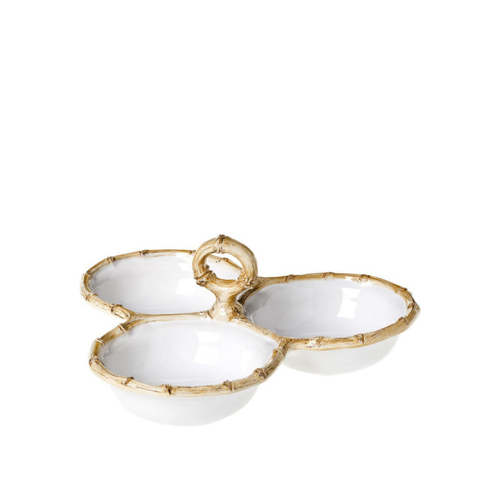 Triple white ceramic serving bowl with natural bamboo edge and central handle.