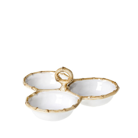 Triple white ceramic serving bowl with natural bamboo edge and central handle.