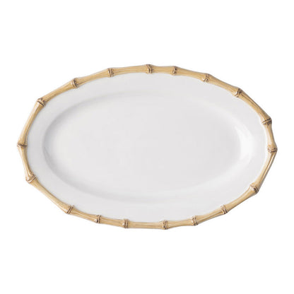 Oval white serving platter with natural bamboo textured rim.