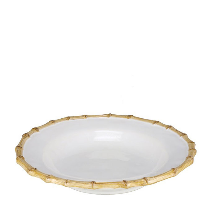 White ceramic pasta bowl with natural bamboo textured rim and shallow depth.
