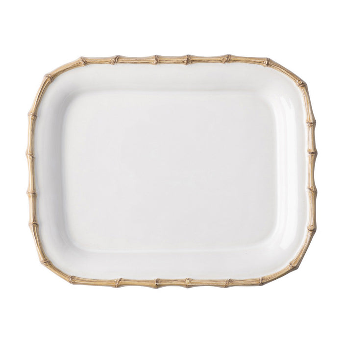 Rectangular white serving platter with natural bamboo textured rim and rounded edges.