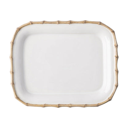 Rectangular white serving platter with natural bamboo textured rim and rounded edges.