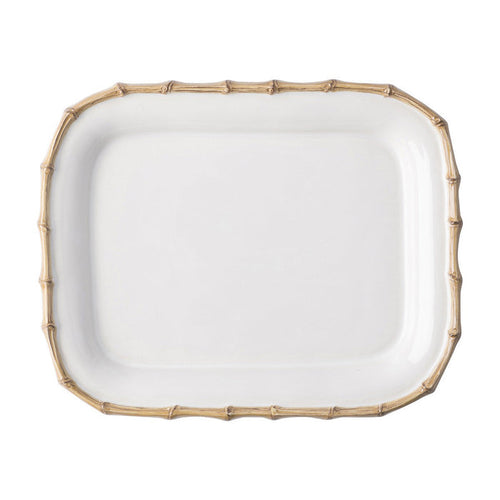 Rectangular white serving platter with natural bamboo textured rim and rounded edges.
