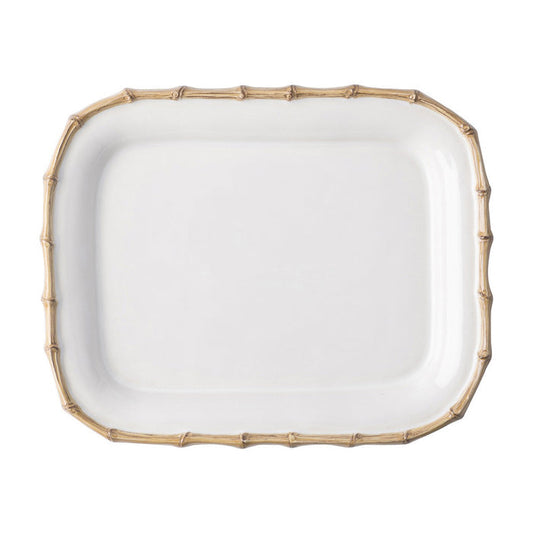 Rectangular white serving platter with natural bamboo textured rim and rounded edges.