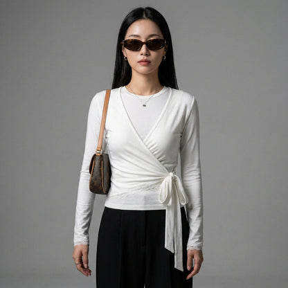 Top manches longues entrecroisé et ajusté couleur ivoire - Koreanxwear - Taille XS