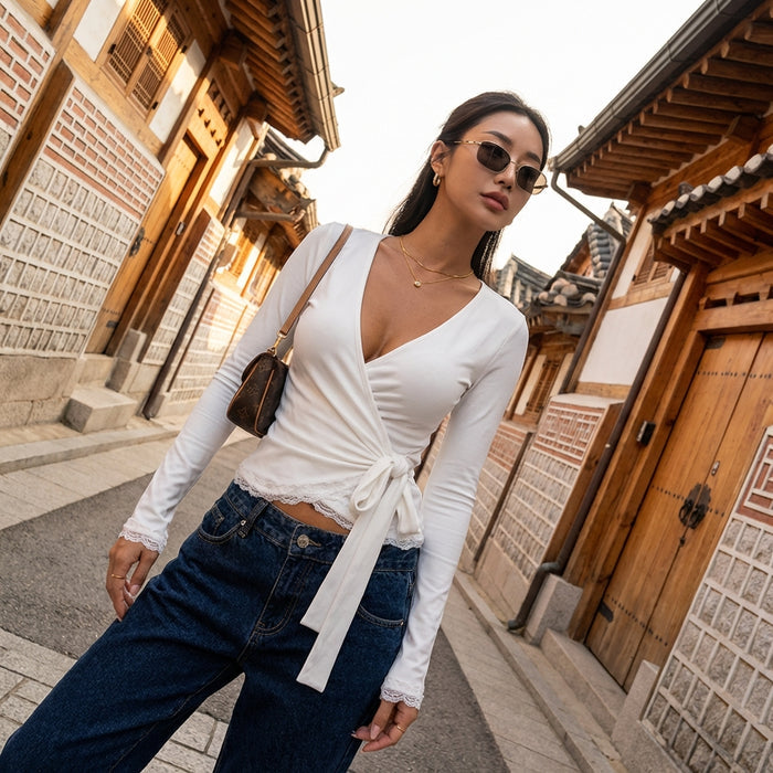 Top manches longues entrecroisé et ajusté couleur ivoire - Koreanxwear