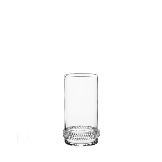 Clear cylindrical highball glass with textured, braided pattern around the base.