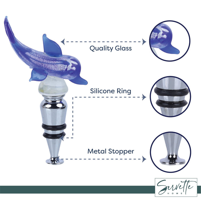 Dolphin Glass Wine Stopper - Blue Silver