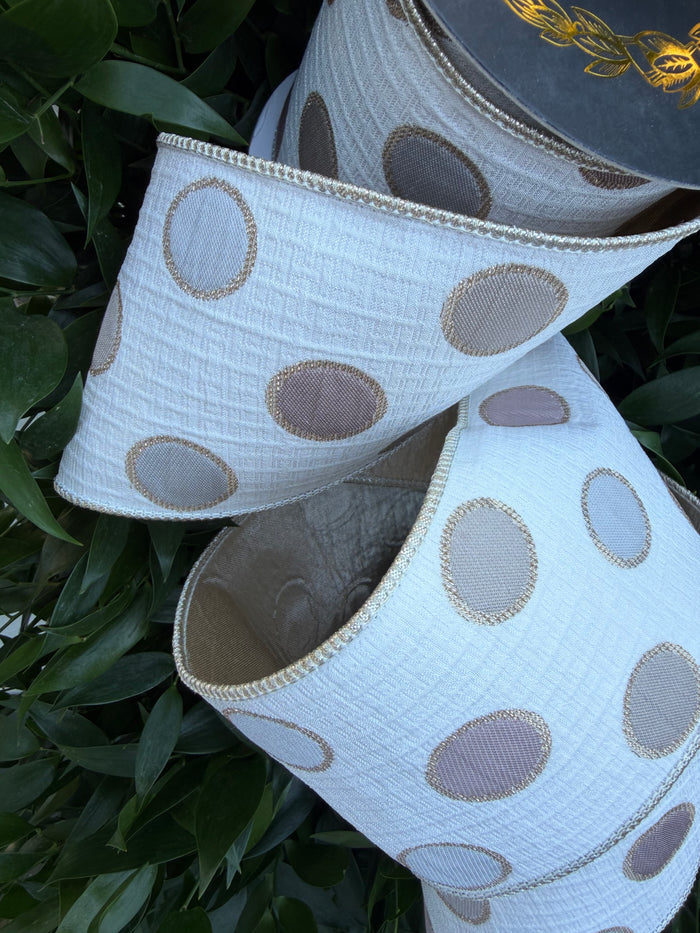 DOT JACQ/METALLIC DUPION FUSED/TAFFETA 4"X10YD TAUPE HEAVY WIRED RIBBON