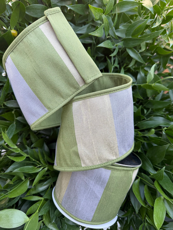 DUPION WIDE STRIPES/DBL FUSED PIPING 4"X10YD GREEN HEAVY WIRED RIBBON