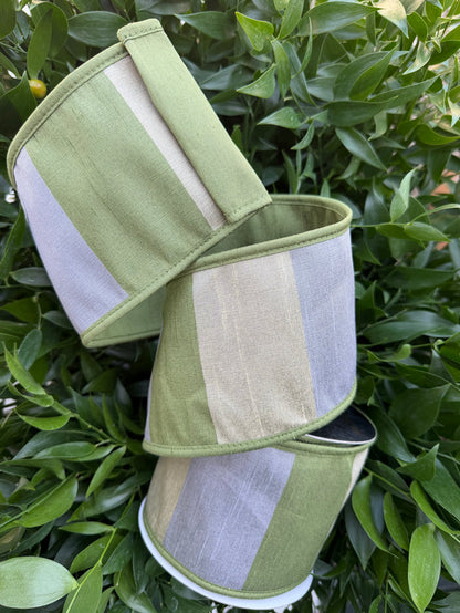 DUPION WIDE STRIPES/DBL FUSED PIPING 4"X10YD GREEN HEAVY WIRED RIBBON