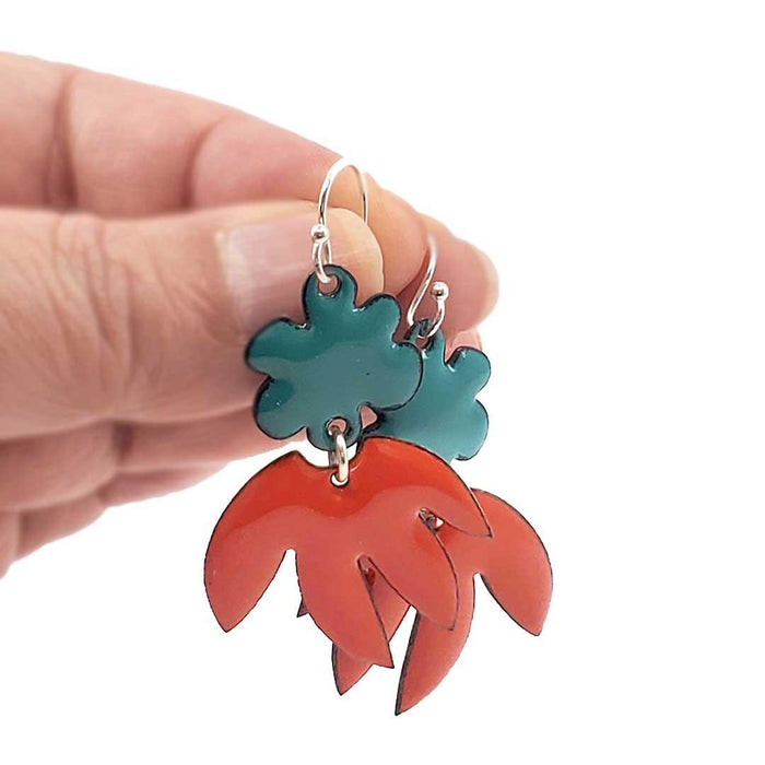 Earrings - Abstract Pointy Dangles (Solid Teal and Orange) by Magpie Mouse Studios