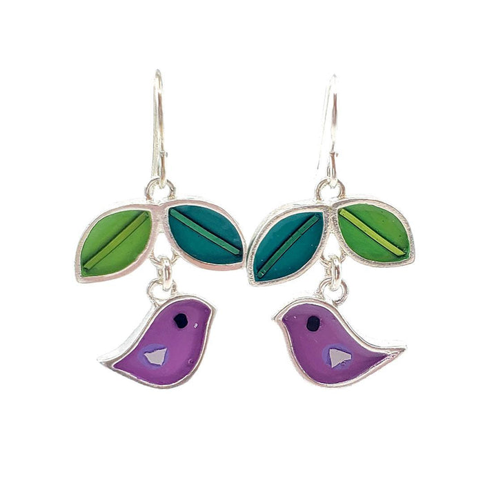Earrings - Bird and Leaves (Purple) by Happy Art Studio