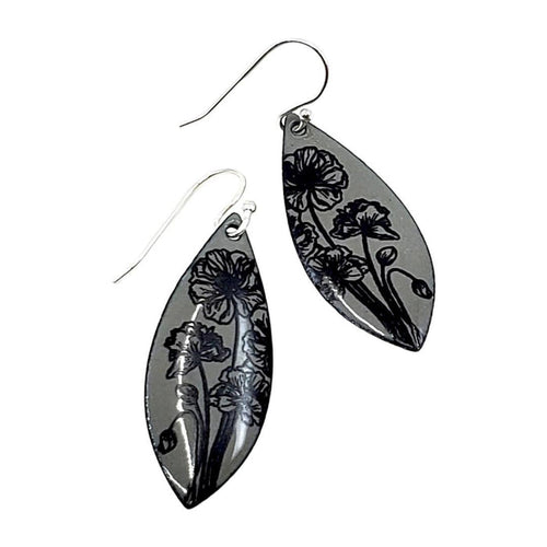 Earrings - Long Marquise (Anemone Floral on Gray) by Magpie Mouse Studios