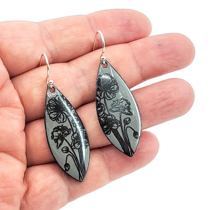 Earrings - Long Marquise (Anemone Floral on Gray) by Magpie Mouse Studios