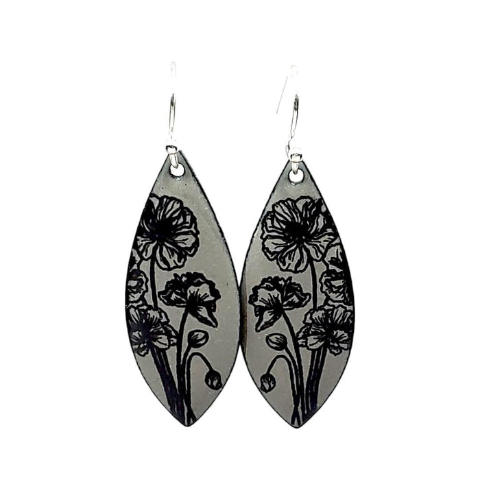 Earrings - Long Marquise (Anemone Floral on Gray) by Magpie Mouse Studios