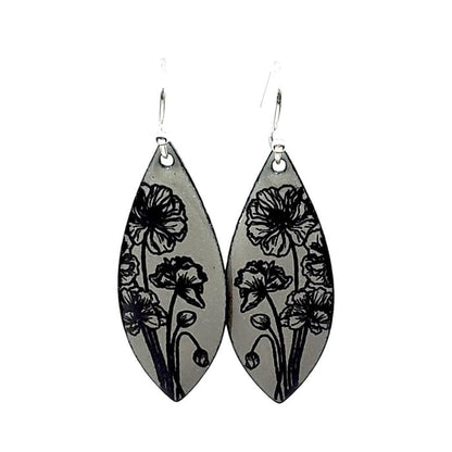 Earrings - Long Marquise (Anemone Floral on Gray) by Magpie Mouse Studios