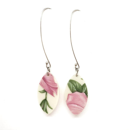 Earrings - Long Pink Floral Vintage China by Material+Movement
