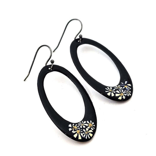 Earrings - Open Large Oval (White Millefiori on Black) by Magpie Mouse Studios