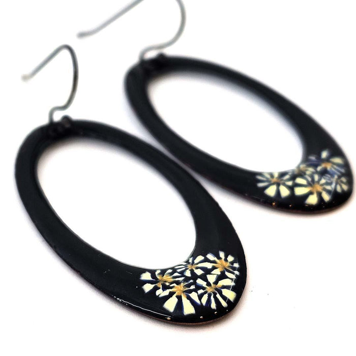 Earrings - Open Large Oval (White Millefiori on Black) by Magpie Mouse Studios