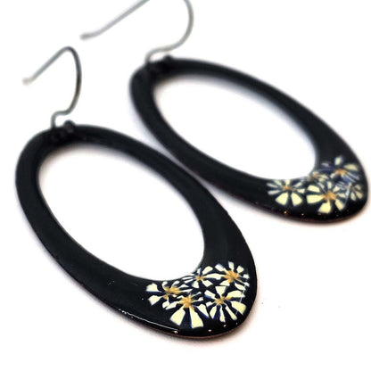 Earrings - Open Large Oval (White Millefiori on Black) by Magpie Mouse Studios