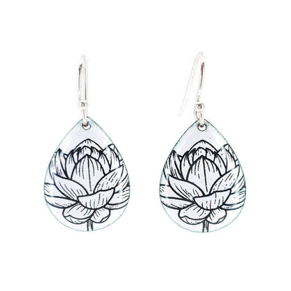 Earrings - Small Teardrop (Lotus on Solid White) by Magpie Mouse Studios