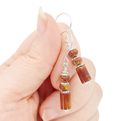 Earrings - Stacked Column Drops (Brown Jasper, Silver Fill) by Tiny Aloha
