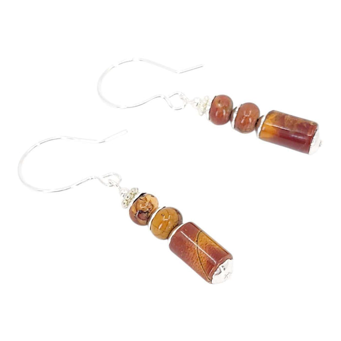 Earrings - Stacked Column Drops (Brown Jasper, Silver Fill) by Tiny Aloha