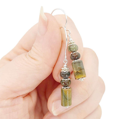 Earrings - Stacked Column Drops (Olive Jasper, Silver Fill) by Tiny Aloha